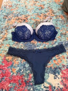 Navy Lace Push-Up Bra & Lace Bikini Set - Women Intimates
